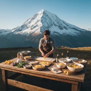 Man preparing pasta outdoors with a mountain backdrop.