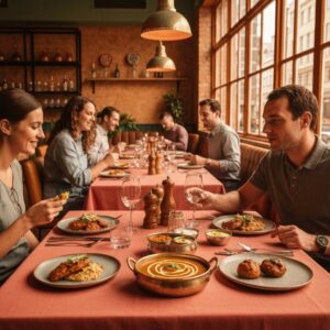 Group enjoying dinner at a restaurant with a variety of dishes on the table.